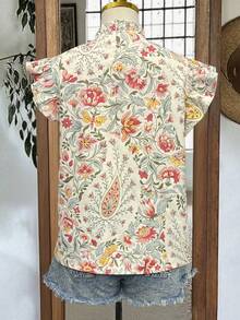 Women's Bohemian Style Camouflage & Floral V-Neck Loose Petal Sleeve Casual Blouse, Spring/Summer - Apricot - View 4