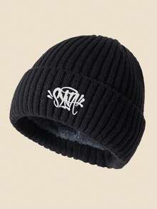 1pc SYNA Embroidered Knit Beanie Hat, Fleece Lined, Windproof & Warm, Soft & Comfortable, Simple & Fashionable, Essential Winter Hat - B - View 14