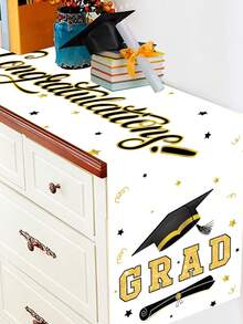 1pc Graduation Celebration Party Tablecloth, White Congratulations Graduate Black Gold Mortarboard Pattern Table Runner, 2026 Graduation Tablecloth Tabletop Decor, Graduation Party 2026 Restaurant Table Decor, Home Decor, Graduation Party Supplies, Graduation Theme Table Runner, Party Favors, Photography Props - Platinum Graduation Cap - View 8
