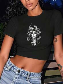 1pc Women'S Y2K Style Medusa Graphic Crop Top T-Shirt - Black Geometric Print, Slim Fit, Short Sleeve, Round Neck, All-Season Fashion, Perfect Holiday Gift, Casual Wear |     Y2K Fashion |     Stylish Crop Top, Medusa Graphic Tee - Black - View 1