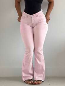 NVFelix 2026 New High-Waisted Flare Leg Jeans For Women, Lightweight Fabric With Slight Stretch, Pockets Design, Suitable For Casual, Vacation Wear In Spring/Summer, Color: Pink - Pink - View 4