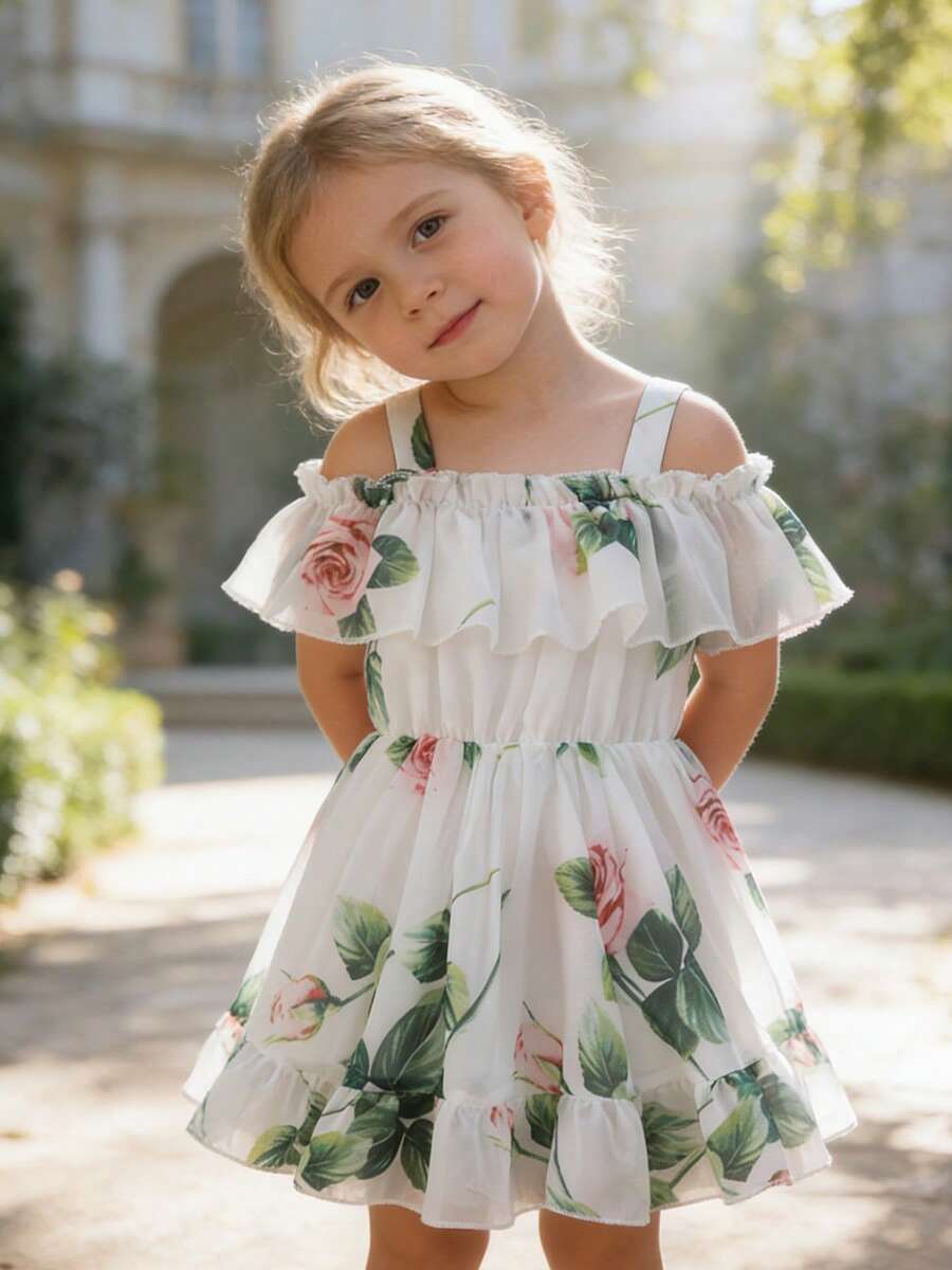 Toddler Girl Flower Print Ruffled Trim Baby Dress Suspender Sundress Princess Girls Summer Casual Clothes