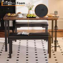 Juego de Mesa de Comedor para 4, Mesa de Cocina de 3 Piezas con 2 Bancos tapizados, Juego de Comedor Que Ahorra Espacio para rincón de Desayuno y Espacios pequeños, Color Gris - Color retro - Ver 4