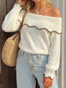 女士柔美露肩撞色滚边长袖套头毛衣 - 米色 - 查看 4