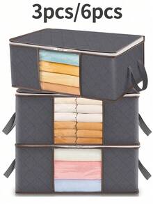 3pcs/6pcs Collapsible Storage Bag Set, Home Organizer For Clothes, Beddings, Pillows And Closet Organizing, Household Storage Containers - Medium Gray - View 12