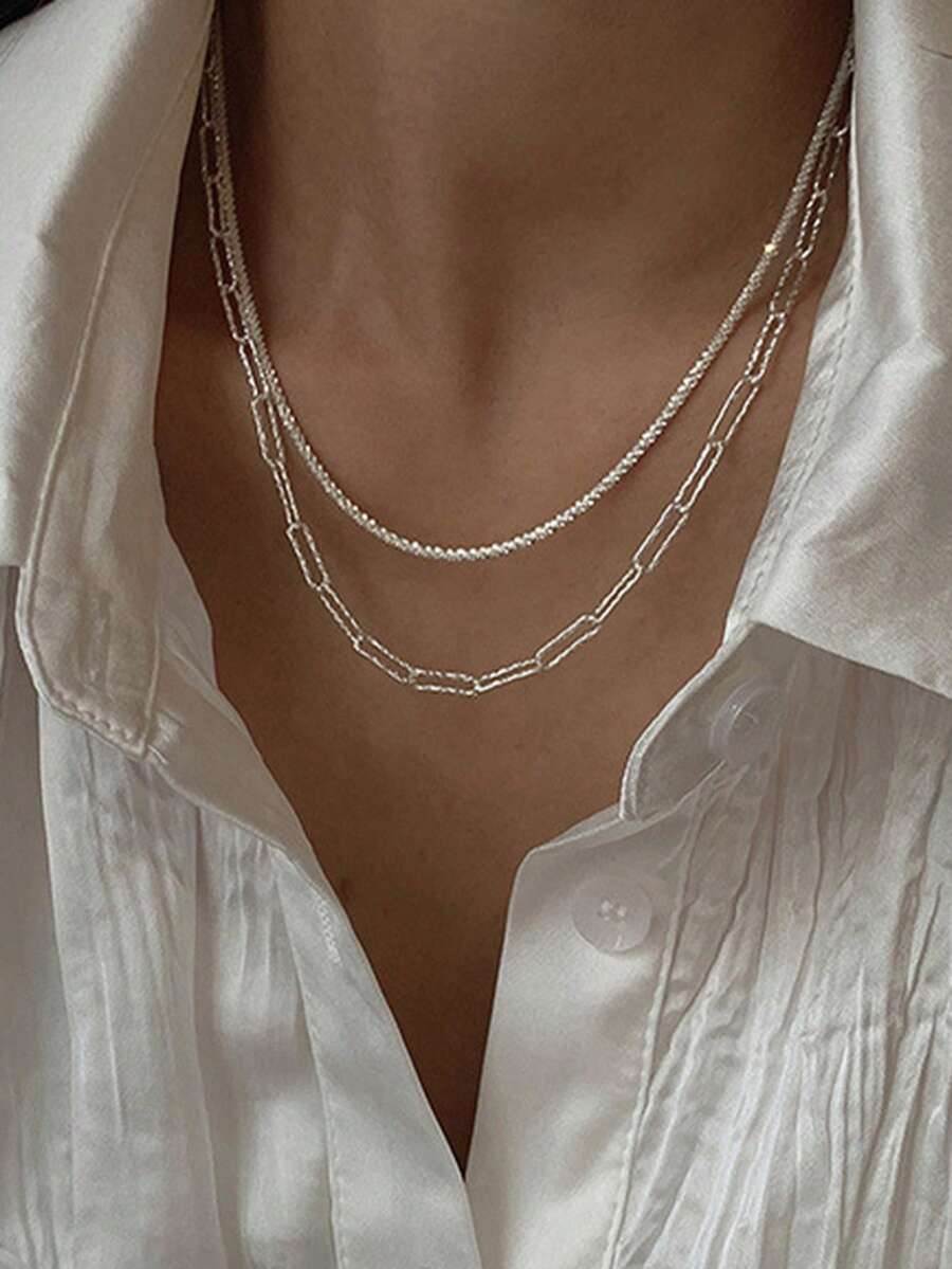 2pcs/Set Fashionable Women Silver Caterpillar Chain Necklace Jewelry Accessory (Random Chain Link Quantity) - Silver - View 1