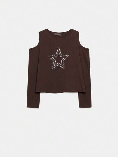 ARMONIAS Camiseta Teen Star Brown con Diseño Italiano - Manga Larga y Hombros Abiertos - Mezcla de Algodón y Elastano para Mayor Comodidad - Disponible en Tallas XS, S, M - Ideal para Look Casual y Versatilidad de Estilo - Color Marrón Estiloso - Corte Moderno y Confortable - Perfecta para Ocasiones Informales