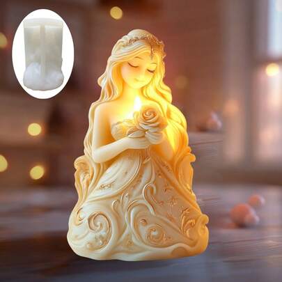 1pc Beautiful Kingdom Princess Holding Flowers Scented Candle Silicone Mold, Elegant Royal Princess Holding Rose Candle Mold, Kingdom Princess Shaped Resin Stone Plaster Cement Concrete Mold, Decorative Gift