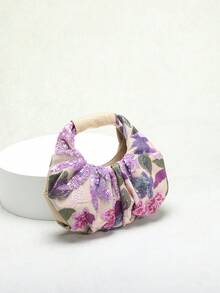 SCULPTEDSTYLE BAGS 1pc Colorful PVC Sequin Contrast Mesh Embroidered Floral & Leaf Pattern Cloud Pleated Handbag, Fashion Summer Vacation Style For Women (Floral Pattern Randomly Sent) - Mauve Purple - View 8