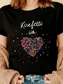 Top de Festa de Carnaval, com Design de Estampa Festiva de Bandeira - Parte Superior de Gola Redonda de Manga Curta com Estampa de Bandeira, Adequada para Carnavais, Festas a Fantasia e Eventos Temáticos (Adequada para Primavera, Verão e Outono), Roupa Casual Lavável em Máquina, Perfeita para Carnaval e Festas a Fantasia.Roupas de Dia dos Namorados para Mulheres, Roupas Plus Size para Mulheres, Dia dos Namorados Preto - Preto - Visão 5