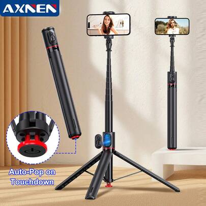 AXNEN Auto-Pop Selfie Stick, 52.36" Extendable Phone Selfie Stick Tripod, All-In-One Aluminum With Magnetic Remote,Selfie Stick 360° Vertical & Horizontal Rotatable,Stable For Smartphone(Black)