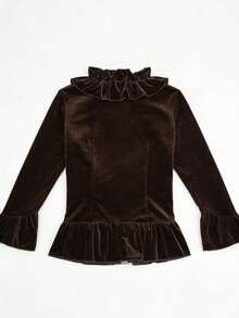 Spring New Velvet Retro Fitted Women Top - Coffee Brown - View 6