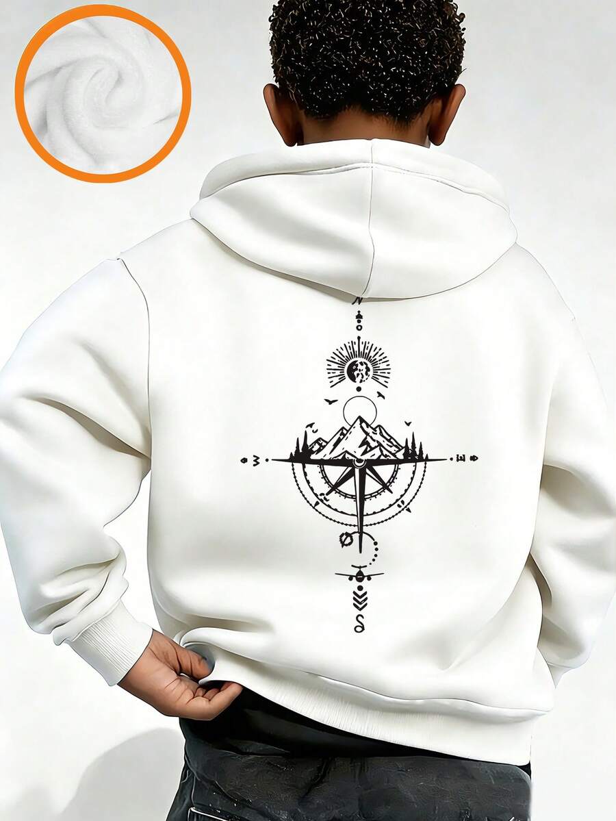 Tween Boy Graphic Print Thermal Lined Sweatshirt, Warm & Comfortable For Autumn/Winter - White - View 1