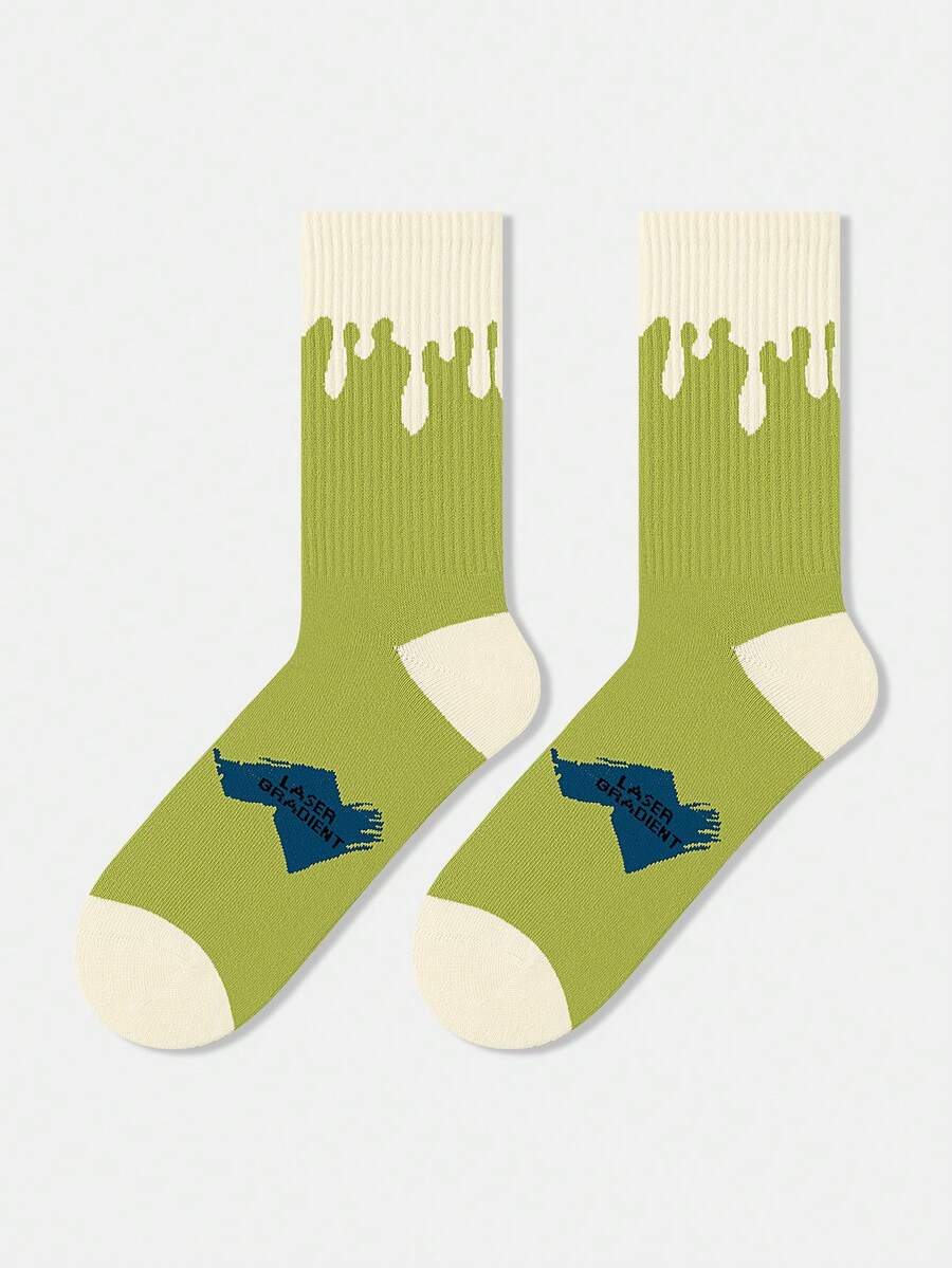 1 Pair Men's Colorblock Cream Graffiti Letter Personalized Artistic Design Combed Crew Socks, Suitable For Travel, Home, Office, Holiday Gifts - Multicolor - View 1