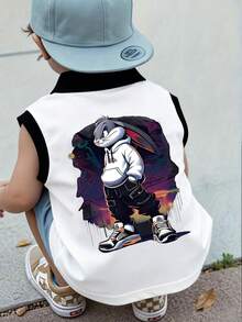 Toddler Boys' Sleeveless Cartoon Rabbit Print Polo Shirt, Creative Design Highlights Personalized, Suitable For Casual Wear In Spring And Summer - Black - View 1
