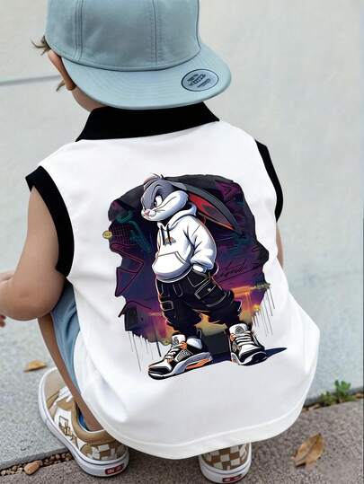 男童无袖卡通兔子印花Polo衫，创意设计，彰显个性，适合春夏休闲穿着