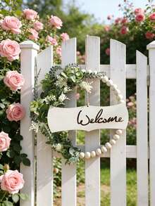 1pc Wooden Bead Wreath, Artificial Green Plant Flower Entrance Hanging Decor, Boho Style Wall Art, Suitable For Entryway, Living Room, Home Decor, Party And Daily Use - Multicolor - View 2