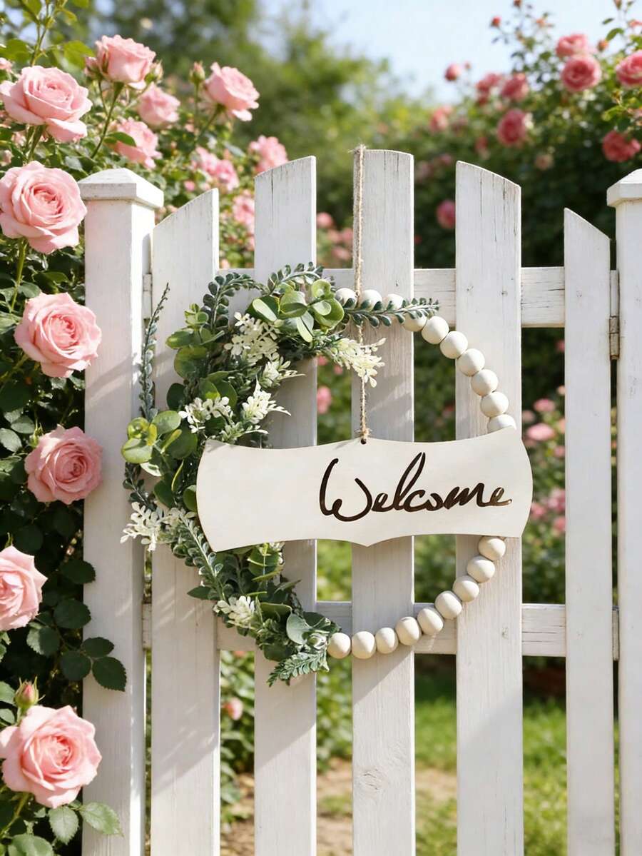 1pc Wooden Bead Wreath, Artificial Green Plant Flower Entrance Hanging Decor, Boho Style Wall Art, Suitable For Entryway, Living Room, Home Decor, Party And Daily Use - Multicolor - View 1