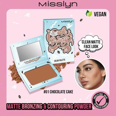 Misslyn Paleta de polvos contorneadores de belleza de café, polvo bronceador, polvo bronceador mate, alto poder de pigmentación, textura fina y suave, con espejo, polvo bronceador para contornear el rostro, efecto de maquillaje de larga duración, ligero y transpirable, fácil de difuminar, fórmula vegana, libre de crueldad animal