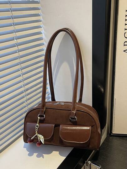 1pc Brown Vintage Multi-Pocket Decor Solid Color PU Boston Bag For Women, Shoulder Bag (Cherry Pendant Included), Winter