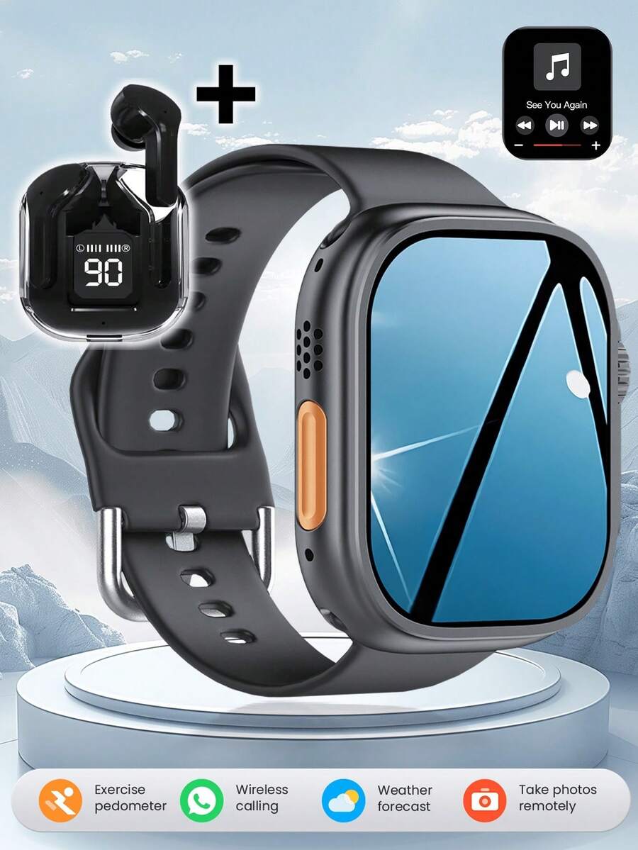 Reloj inteligente multifuncional con música, llamadas, mensajes, podómetro, funciones meteorológicas, incluye auriculares inalámbricos - Negro - Ver 1