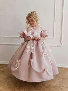 Young Girl's Pink Patchwork Bow Puff Sleeve Dress, Elegant Party Gown, Princess Dress Suitable For Girls' Birthday Party, Flower Girl Wedding, Bridesmaid, Prom, Luxury Evening Dress, Easter, Graduation - Pink - View 9