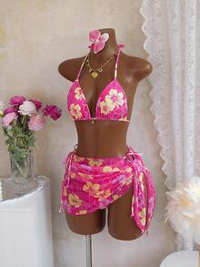 女士性感蝴蝶印花露背比基尼三件套，系带设计，含纱笼裙，海滩度假波西米亚风，夏季假期 - 彩色 - 查看 4