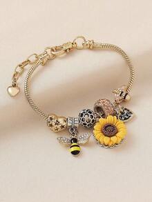 1 Piece Of Fashionable Bracelet Featuring A Golden Sunflower, Bee, And Hollowed-Out Heart-Shaped Flower Design For Teenagers - Multicolor - View 5