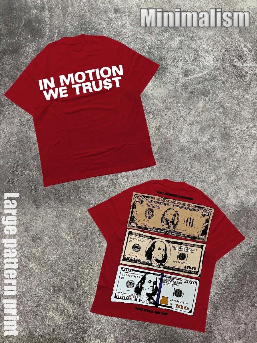 "In Motion We Trust: $100 Bill Graphic Tee" (220g Cotton T-Shirt) Printed T-Shirt, Graphic Tee, Unisex T-Shirt, Casual And Comfortable, Men's Cotton T-Shirt. Interesting Pattern T-Shirts, Street Life, Home Leisure, Friends Gathering,Graphic Tees Men - 紅色 - 查看 1