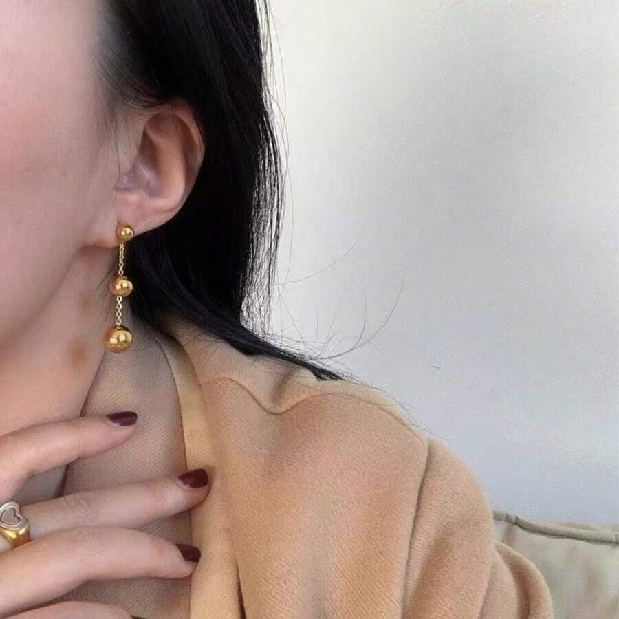 1 Pair Stainless Steel Ball Pendant Earrings, Suitable For Daily Wear And Gift - Yellow Gold - View 1