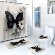 1/4pcs Polyester Shower Curtain - Black & White Floral And Butterfly Design, With Roses, Lilies, Sunflowers | Machine Washable | Elegant Bathroom Decor, Shower Privacy | Fashionable Design | Polyester Fiber, Shower Curtain Set - A - View 10