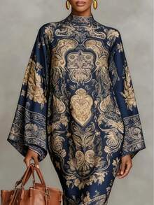 Đầm nữ thoải mái, in hoa, cổ tàu, tay rộng, thích hợp cho mùa xuân/thu, kiểu dáng thanh lịch. - Nhiều màu - Xem 3