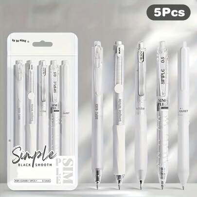 5支装简约时尚中性色圆珠笔，纯色速干圆珠笔，可爱文具，适合学生和办公室使用
