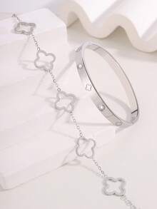 1pc Elegant And Fashionable Four-Leaf Clover Shape Stainless Steel Bracelet Set - High-Quality Surface Polishing Treatment - Ideal For Daily Wear And Parties - Silver - View 3