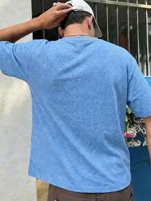 FRACTYR Men's Summer Fashion Minimalist Solid Color Round Neck Vintage Washed Short Sleeve T-Shirt | Basic Style Street Casual Tee, Boyfriend Gift - Baby Blue - View 3