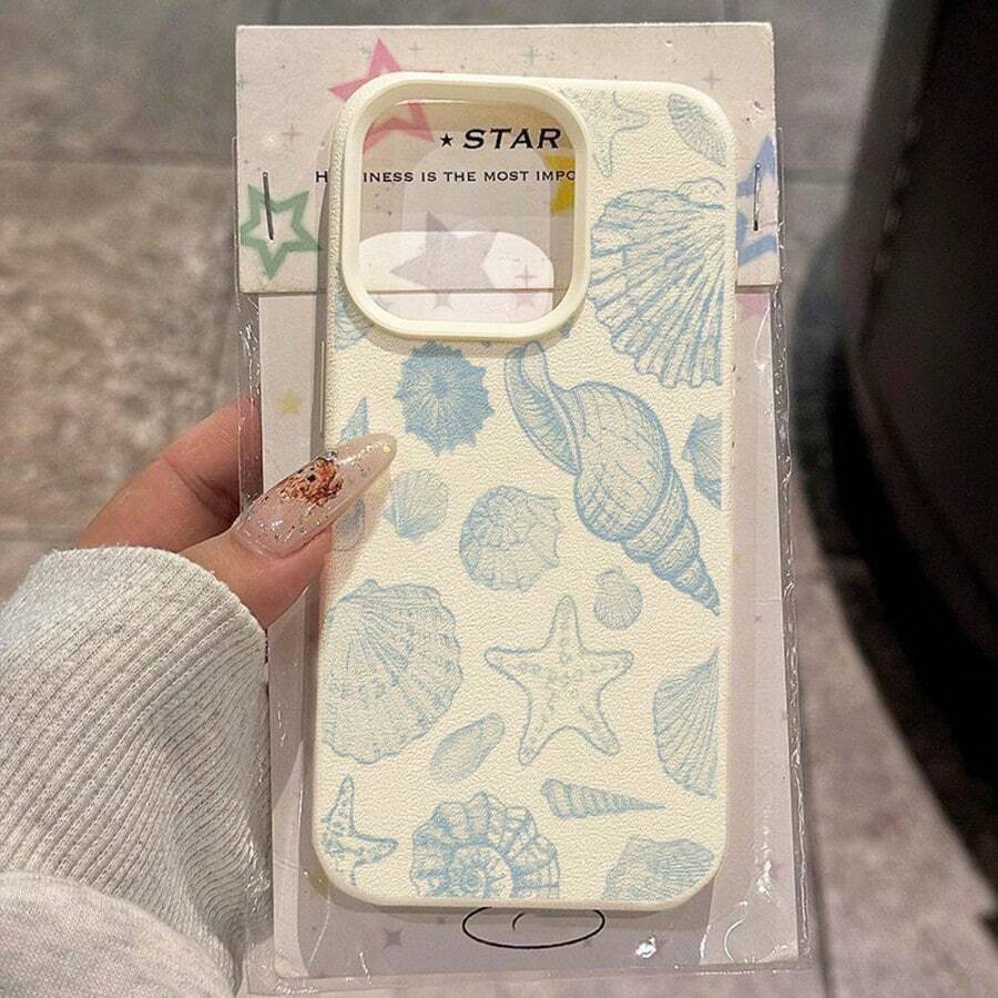 Shell 1件装复古蓝色贝壳和海星全印花TPU软手机壳，兼容 17 Pro Max/17/16 Pro Max/15/13/12/11、S20 FE/A15/S24/A55、Redmi Note 11/12/13 Pro，防震保护套，国际版，非国内版 - 白色 - 查看 1