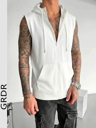 GRDR 男士纯色连帽无袖T恤，运动休闲百搭背心