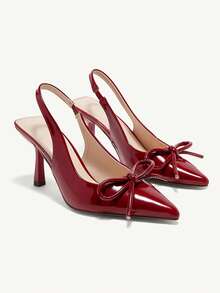 Elegantes tacones altos de cuero patentado burdeos con decoración de lazo, adecuados para Año Nuevo, Día de San Valentín y uso en días festivos - Beis - Ver 13