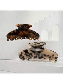 1pc Women's Retro Oval Acetate Hair Clip, Elegant Gold Label Hair Clip With Leopard Hair Claw, Suitable For Everyday Use - Multicolor - View 2