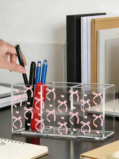 Bow Decor Pen Holder, Desktop Storage Box, Pen Holder And Compartments, Suitable For Student Supplies, Office, Dorm, Cosmetics, Skincare And Office Essentials, Gift For Women