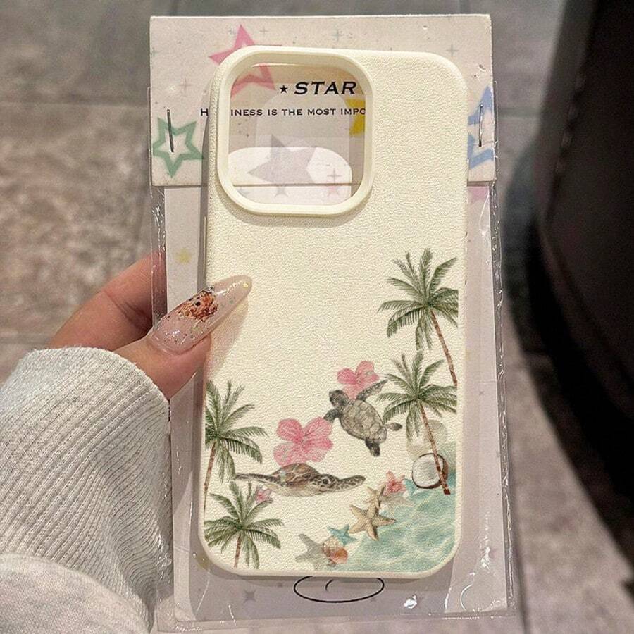 海龟时尚手机壳，海洋元素单件装，TPU材质，清新海龟热带沙滩棕榈树和芙蓉西兰花拼贴图案，兼容苹果17 Pro Max/17/16 Pro Max/15/13/12/11、三星S20 FE/A15/S24/A55，兼容红米Note 11/12/13 Pro，全包防摔软壳保护套，国际版，非国内版，春季礼物 - 白色 - 查看 1