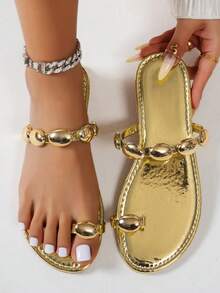 2-Way Wear Women Summer Slippers, New Toe-Ring Flat Sandals, Fashion Versatile Flat Heel Beach Slides - Gold - View 6