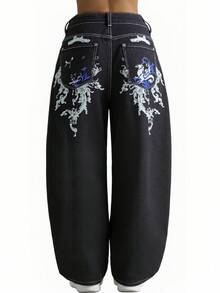Women Y2K 90S Hip Hop Baggy Jeans Baroque Embroidered Statement Graphic Boyfriend Wide Leg Denim Pants Mid-Low Rise Loose Streetwear Outfits - 黑色 - 查看 2