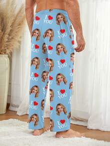 Customized Men's Pajama Pants, Heart Print Casual Lounge Pants - Blue - View 2