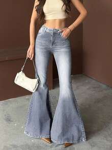 2026 Summer Y2K Style Women's High Waist Grey Flare Jeans, Stretchy Elegant Retro Casual Flare Pants Spring - Medium Gray - View 3