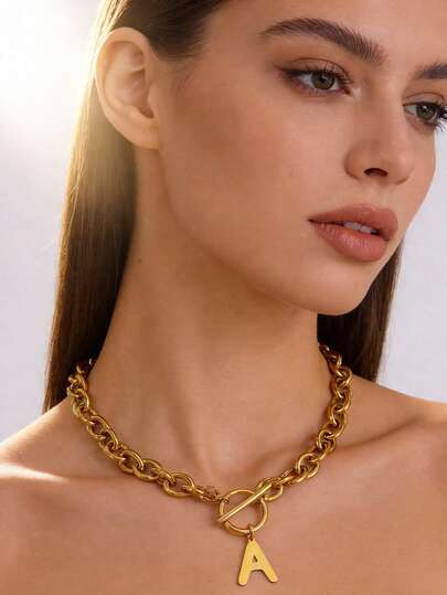 不锈钢OT扣项链/手链，26个英文字母吊坠，简约雕刻字母首饰，高端设计