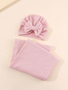 2件套新生儿婴儿襁褓毯和帽子套装，婴儿包巾毯和针织帽套装，适合0-6个月的女婴 - 彩色 - 查看 5