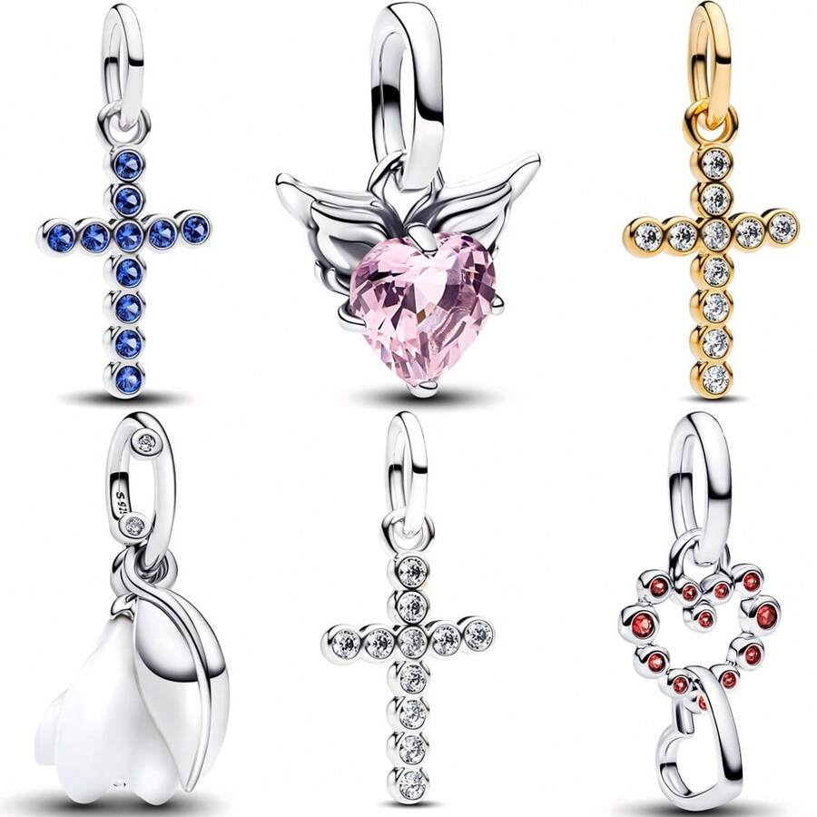 1 件装时尚心形闪亮珠子吊坠，镀银，适合手链项链 DIY 节日礼物 - 彩色 - 查看 1