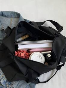 超大容量多口袋独立鞋隔层旅行行李袋，轻便便携式旅行行李袋，纯色多功能旅行拉链袋，运动/健身/瑜伽手提包带干湿分离袋，适用于学校、学校配件、学校用品 - 黑色 - 查看 8