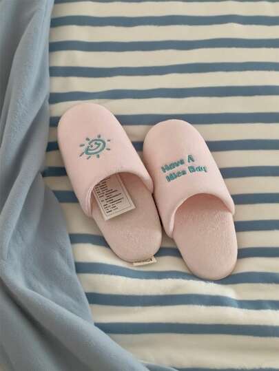 XIXITIAO 1 Pair Cute Sun & English Embroidery Quiet Slippers, Lightweight Soft Bottom Indoor Shoes For All Seasons, Suitable For Maternity